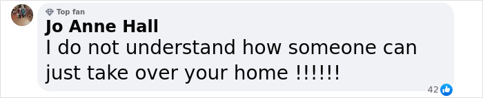 Facebook comment expressing disbelief about home squatting.