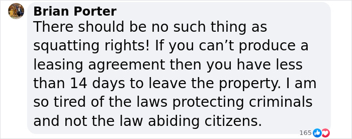 Social media comment criticizing squatter rights and legal protection of criminals over citizens.