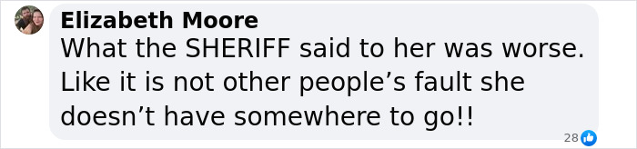 Comment by Elizabeth Moore discussing a sheriff's response related to a woman reclaiming her home from a squatter.