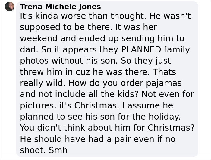 Comment discussing a mother’s response to the son wearing different pajamas in Christmas photos controversy.