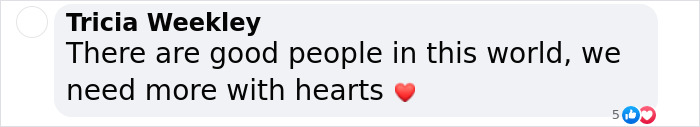 Comment by Tricia Weekley praising good-hearted people, includes a red heart emoji.