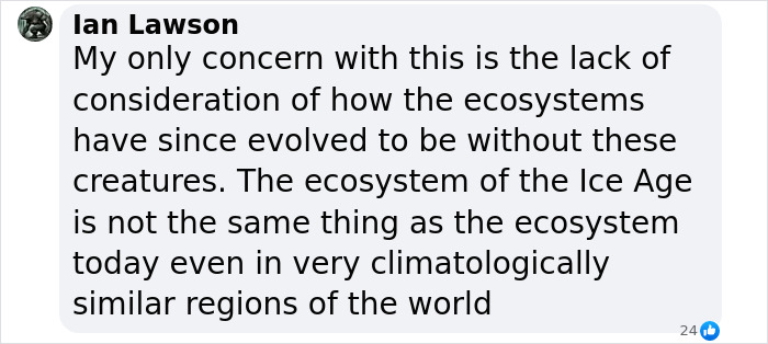 Comment discussing ecosystem changes in relation to mass extinction challenges.