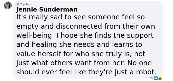 A social media comment expressing concern about feeling disconnected and robotic, hoping for healing and self-value.