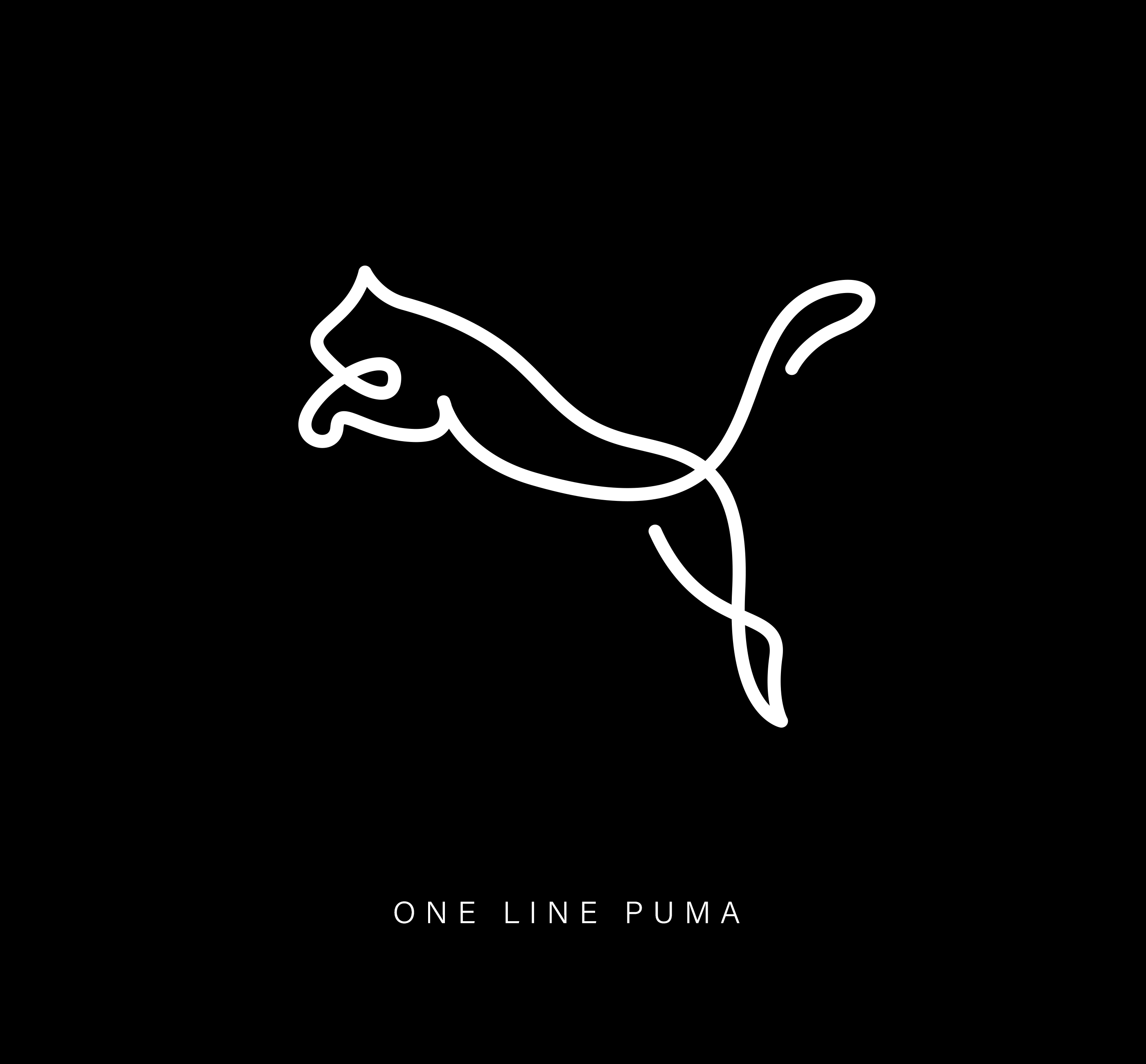 Famous logo of a puma, artistically drawn with one continuous line, on a black background.