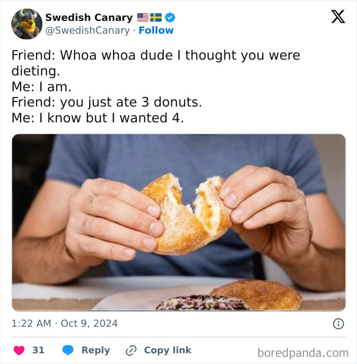 Person humorously holding a donut, referencing dieting and cravings, as featured on the "Now That's Funny" IG page meme.