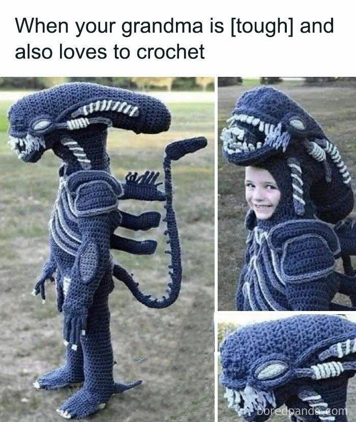 Child in crochet alien costume, showcasing unhinged and relatable meme humor with a witty caption.