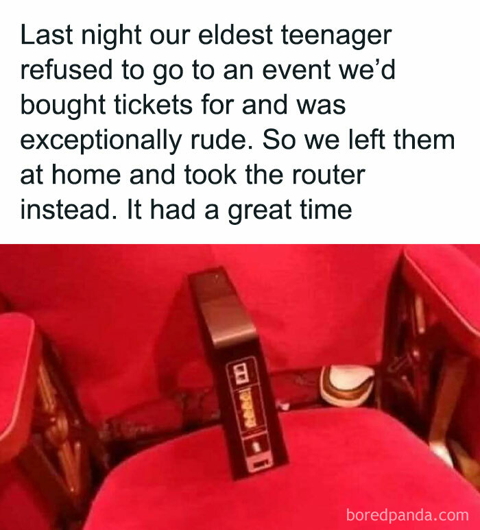 Router on a theater seat as a humorous meme about parenting and teenage behavior from a popular funny IG page.