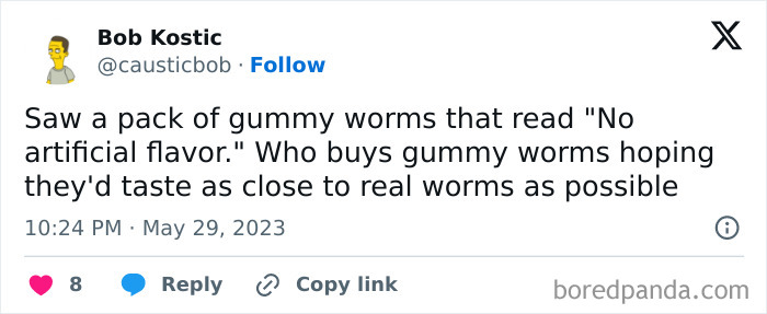 Unhinged meme about gummy worms with "no artificial flavor" text, questioning the desire for real worm taste.