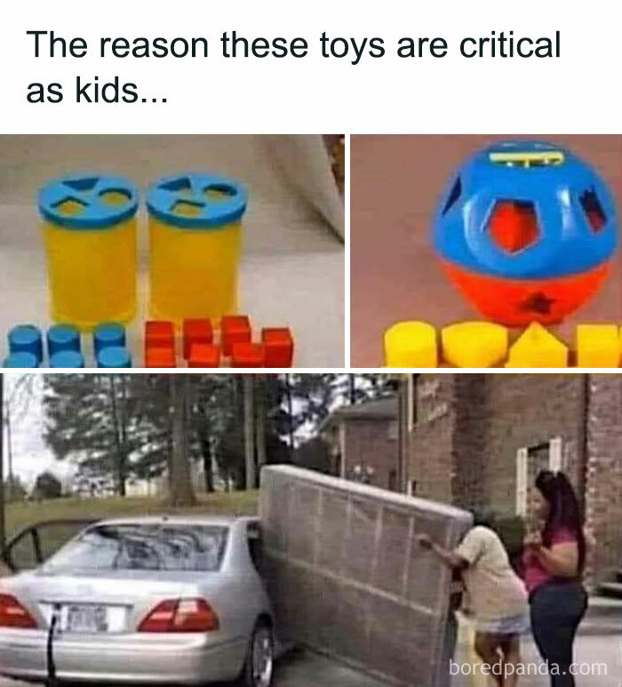 Shape-sorting toys and adults struggling to fit a mattress into a car.