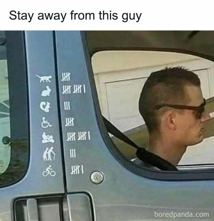 Unhinged and relatable meme showing a man in a car with tally marks and various symbols, suggesting chaotic driving behavior.