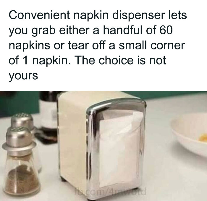 Napkin dispenser meme highlighting its unhinged, relatable design flaw next to salt and pepper shakers.