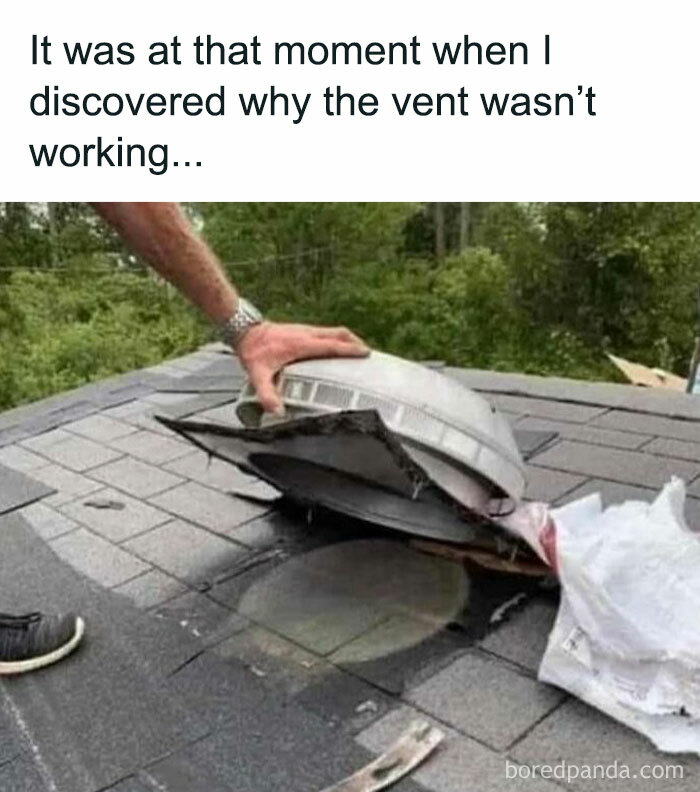 Man fixing a damaged vent on a roof, humorously illustrating relatable memes concept with broken equipment.