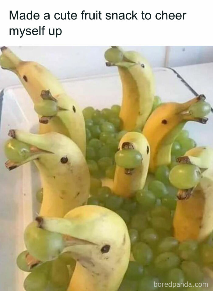 Bananas arranged as ducks with grapes in a humorous fruit snack, perfect for the "funny memes" concept.