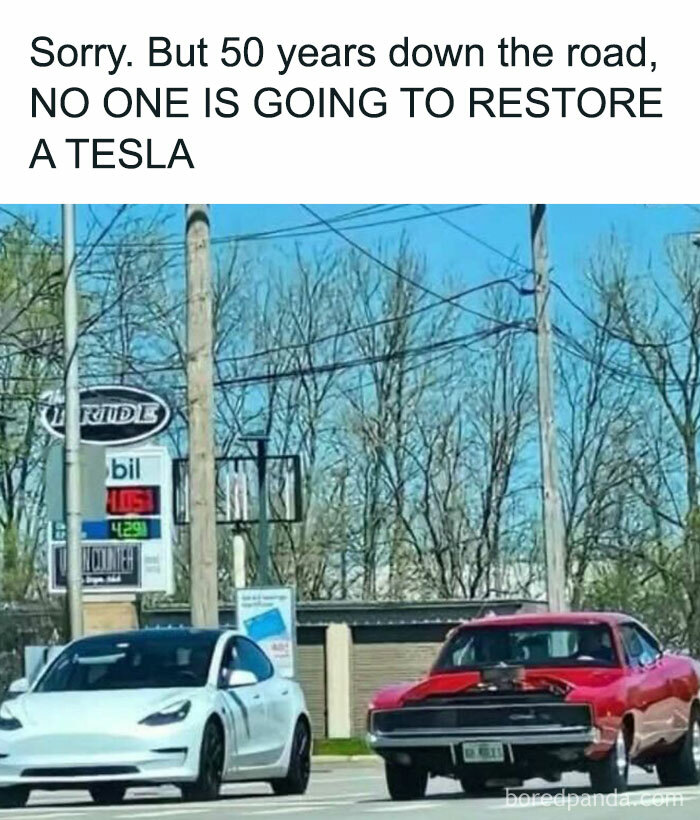 Tesla and classic car meme, humorously contrasting future restoration preferences.