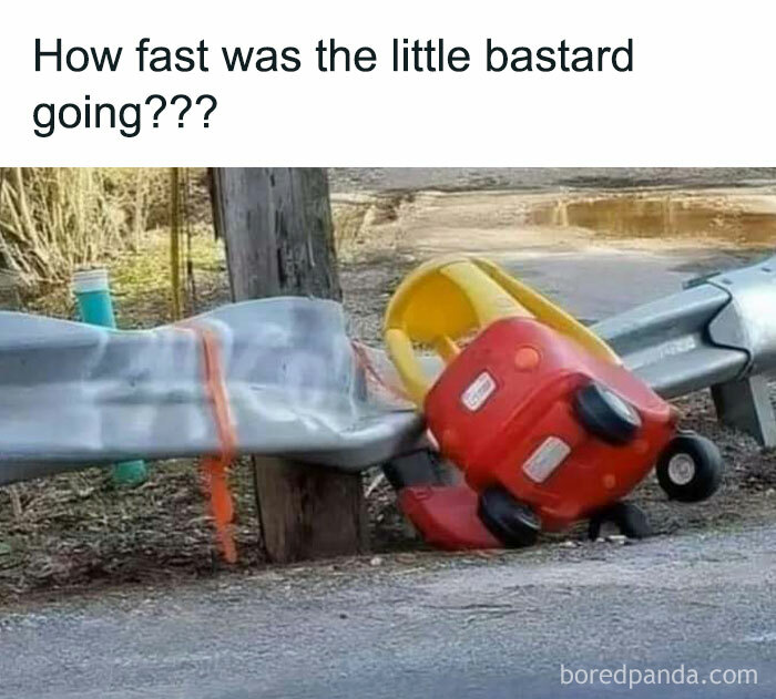 Toy car humorously crashed into a guardrail, capturing a funny and relatable meme moment.