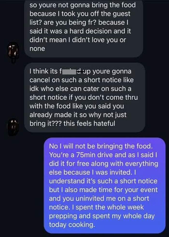 Text exchange showing a woman refusing to deliver food after being uninvited from a baby shower.