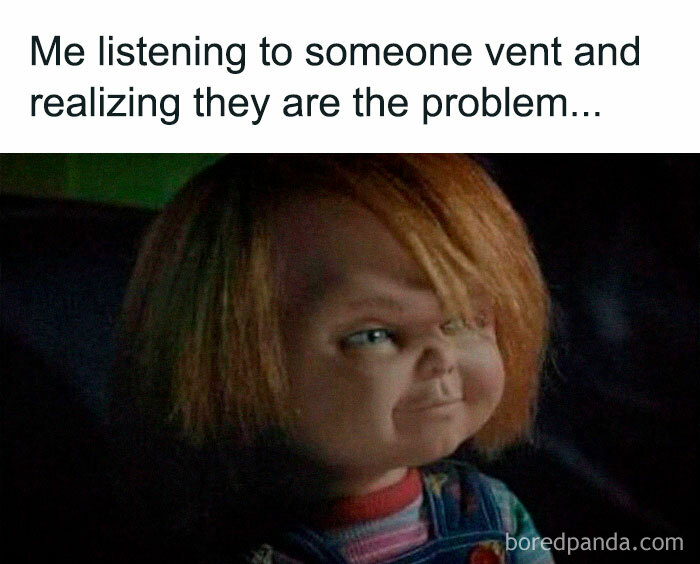 Humorous meme featuring a doll with a smug expression and sarcastic text about listening to someone vent.