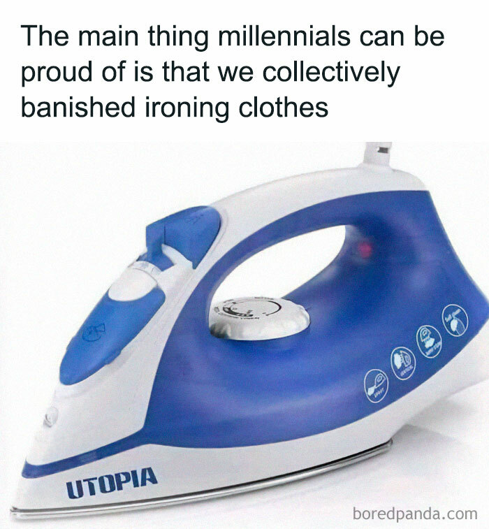 Humorous meme of an iron labeled "Utopia," highlighting millennials' lack of ironing.