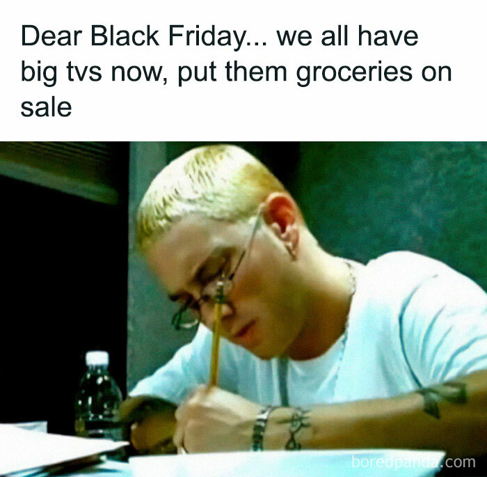 Man writing with pencil; humorous meme about Black Friday deals on groceries instead of TVs.