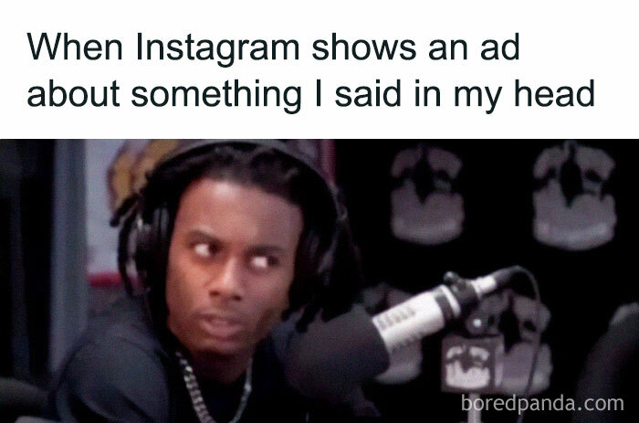 Person looking perplexed with headphones, humorous meme about Instagram ads reading thoughts.