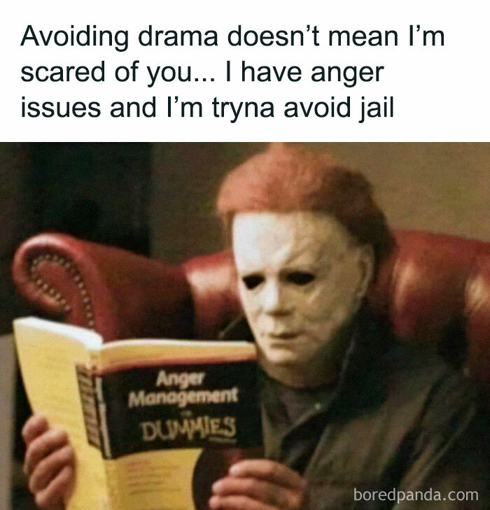 Masked character reading "Anger Management for Dummies," a humorous meme showing a bit of unhinged humor.