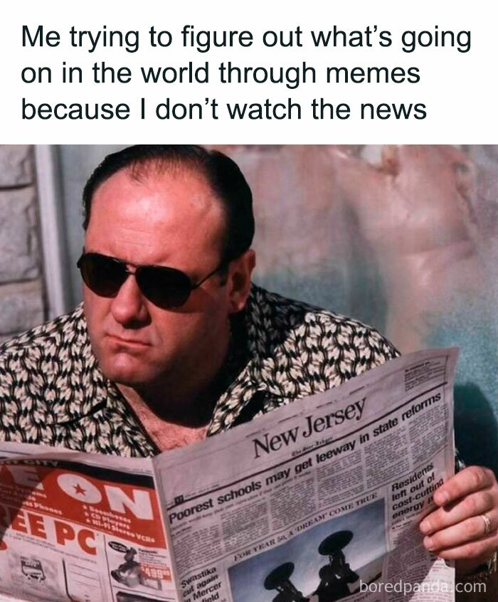 Man wearing sunglasses and patterned shirt reads New Jersey newspaper, illustrating humorous unhinged meme about current events.