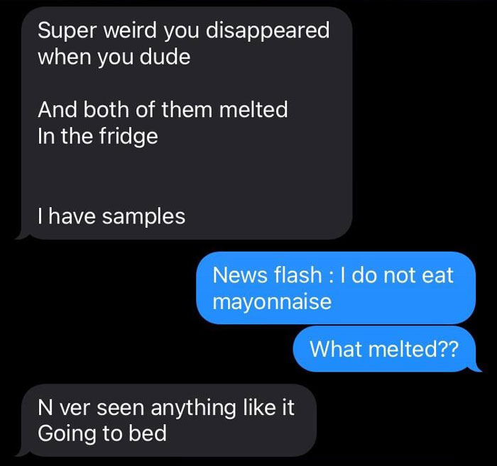 Text message exchange about mayonnaise consistency suspicion.