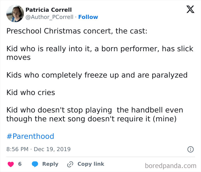 Preschool kids at a Christmas concert: a performer, nervous kids, a crying kid, and a persistent handbell player.