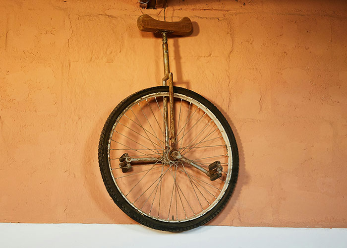 A unicycle wheel mounted on a wall as unique home decor by creative homeowner defying HOA norms.