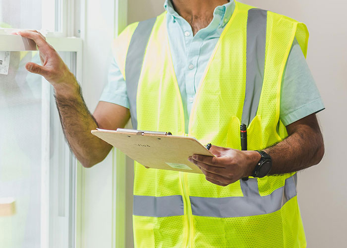 Homeowner in a safety vest holding a clipboard, standing by a window, planning improvements amidst HOA challenges.