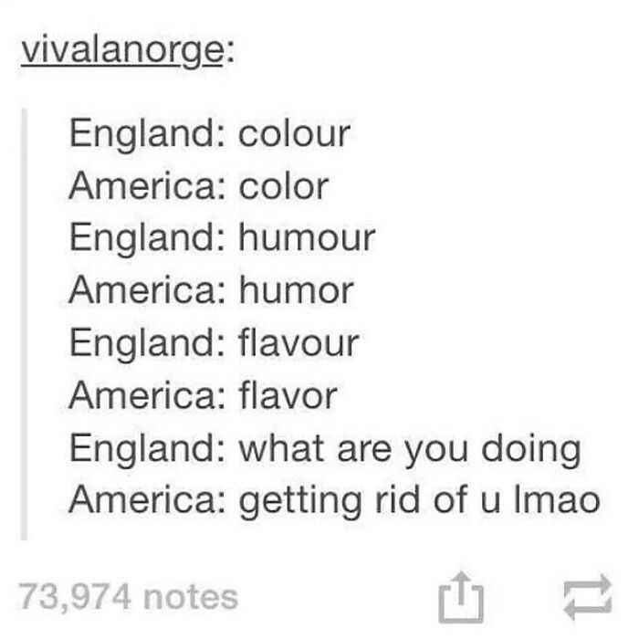 History meme comparing British and American spelling differences humorously.