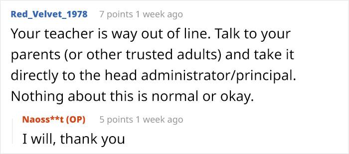 Reddit conversation about confronting a teacher, advice shared, related to teacher-clocking-periods.