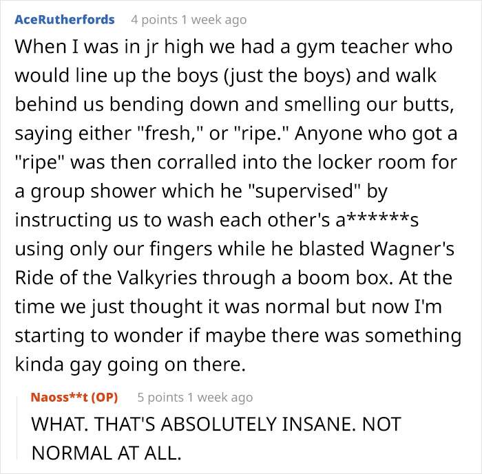 Reddit post discussing unusual teacher behaviors during gym class, touching on teacher-clocking-periods.