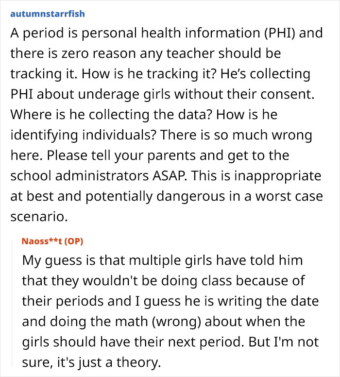 Online discussion about concerns over teacher clocking periods of students, highlighting privacy issues.