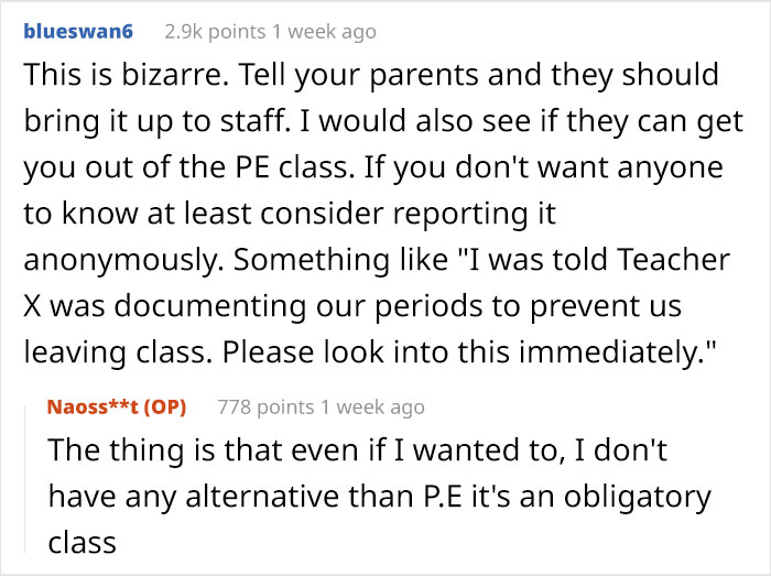 Online discussion about a teacher documenting periods in a PE class context.