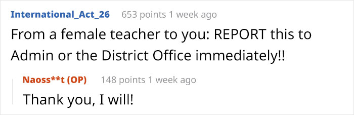 User comments discussing teacher and admin reporting in a forum.