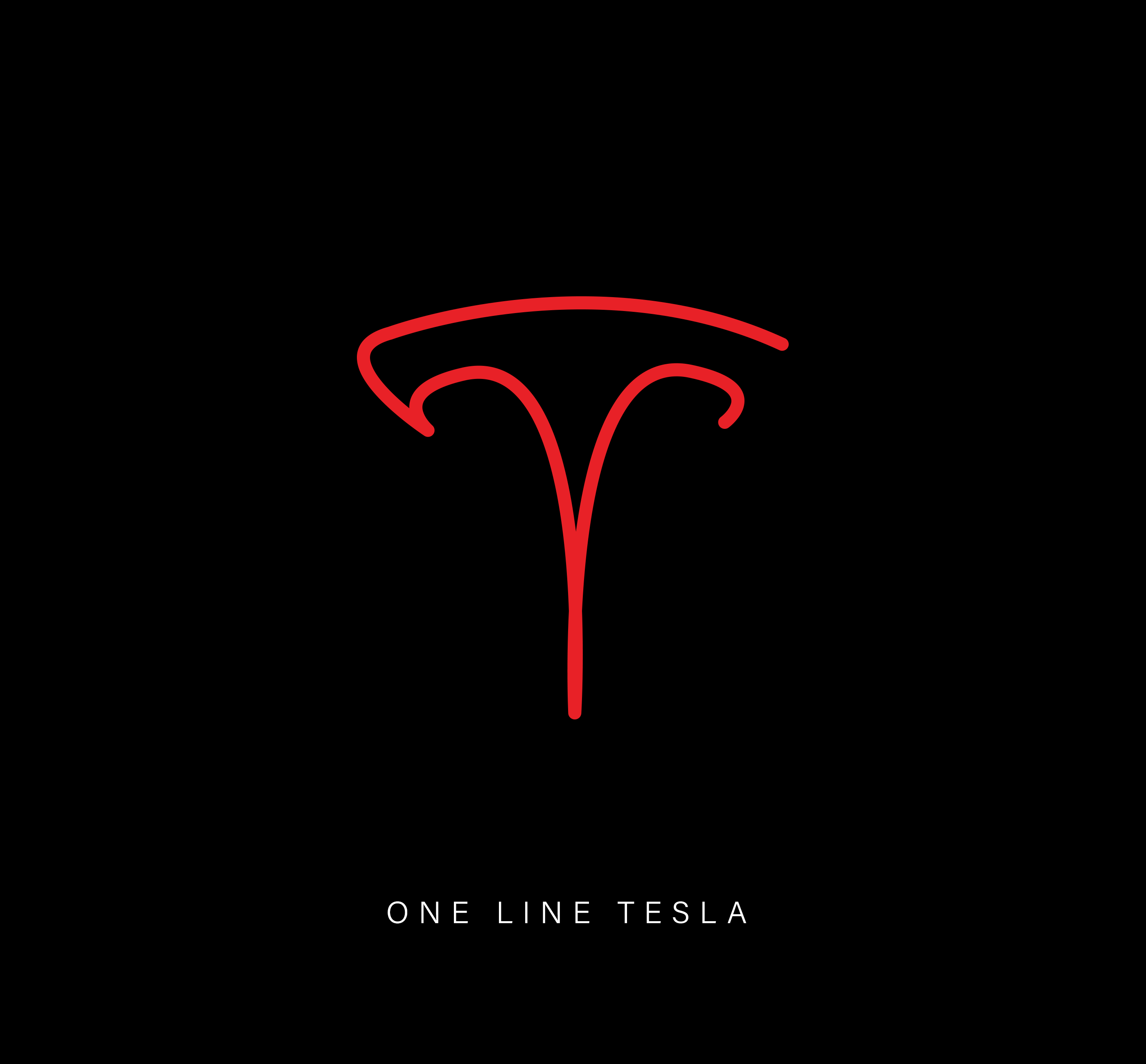 One-line drawing of the Tesla logo in red on a black background.