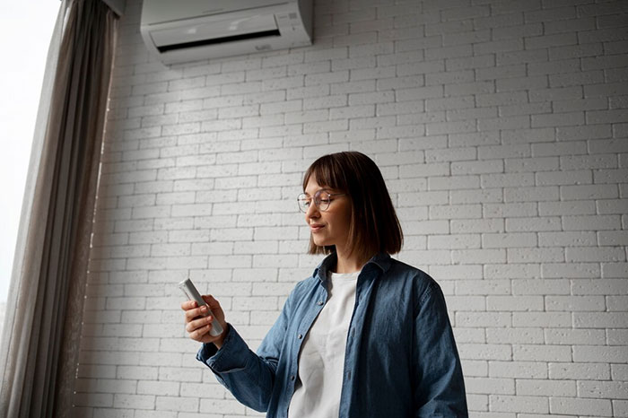 Woman controlling air conditioner with remote, showcasing things adults enjoy having now.