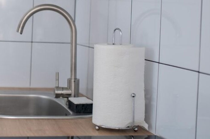 Paper towel holder on kitchen counter near sink; a purchase often bought as adults after being denied in childhood.