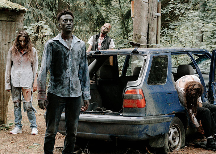 Zombies standing and sitting by an old blue car in a forest, illustrating things people want that are actually terrible.