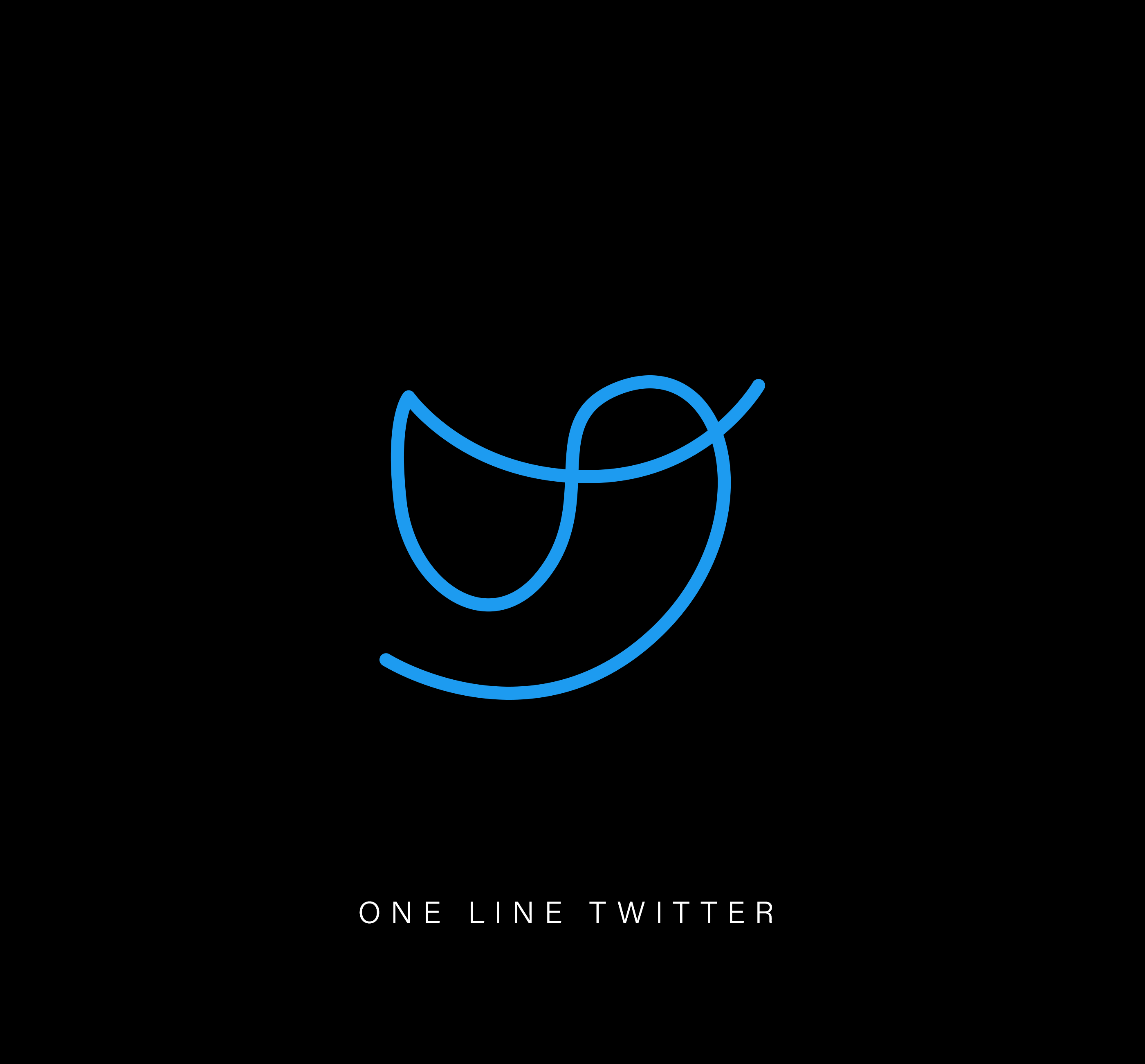 One-line drawing of a Twitter logo resembling a bird in blue, on a black background.