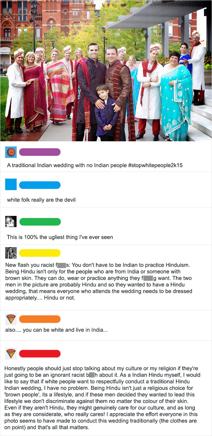 People celebrating a Hindu wedding, highlighting cultural appreciation and support in an online discussion.