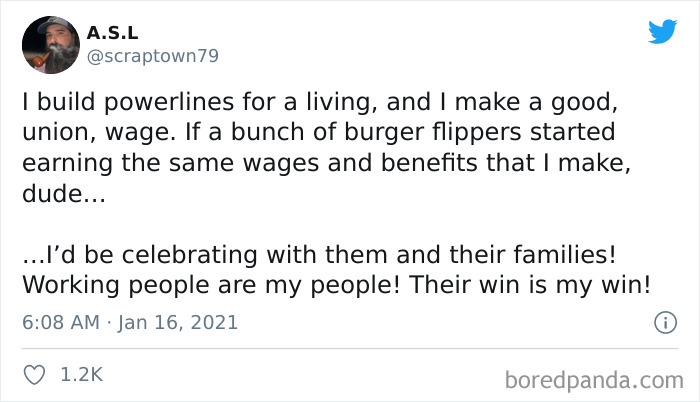 Powerline worker celebrates fair wages for all, supporting working people with a positive online message.