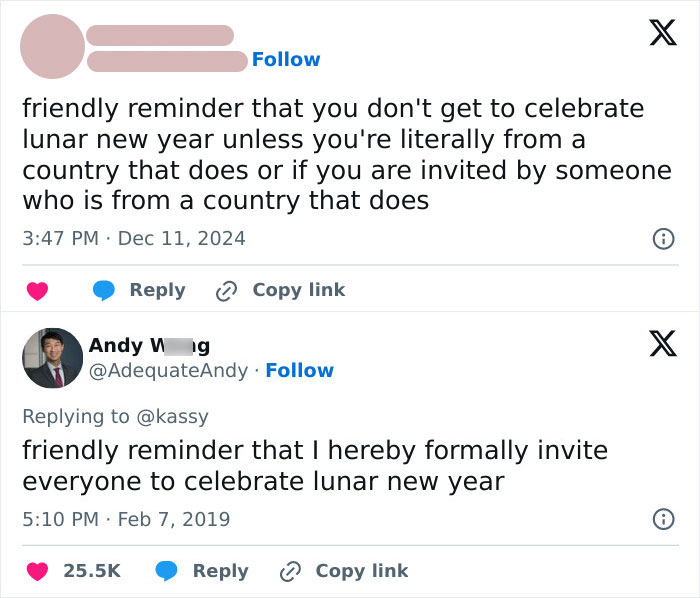 Wholesome online interaction on Twitter discussing celebration of Lunar New Year.