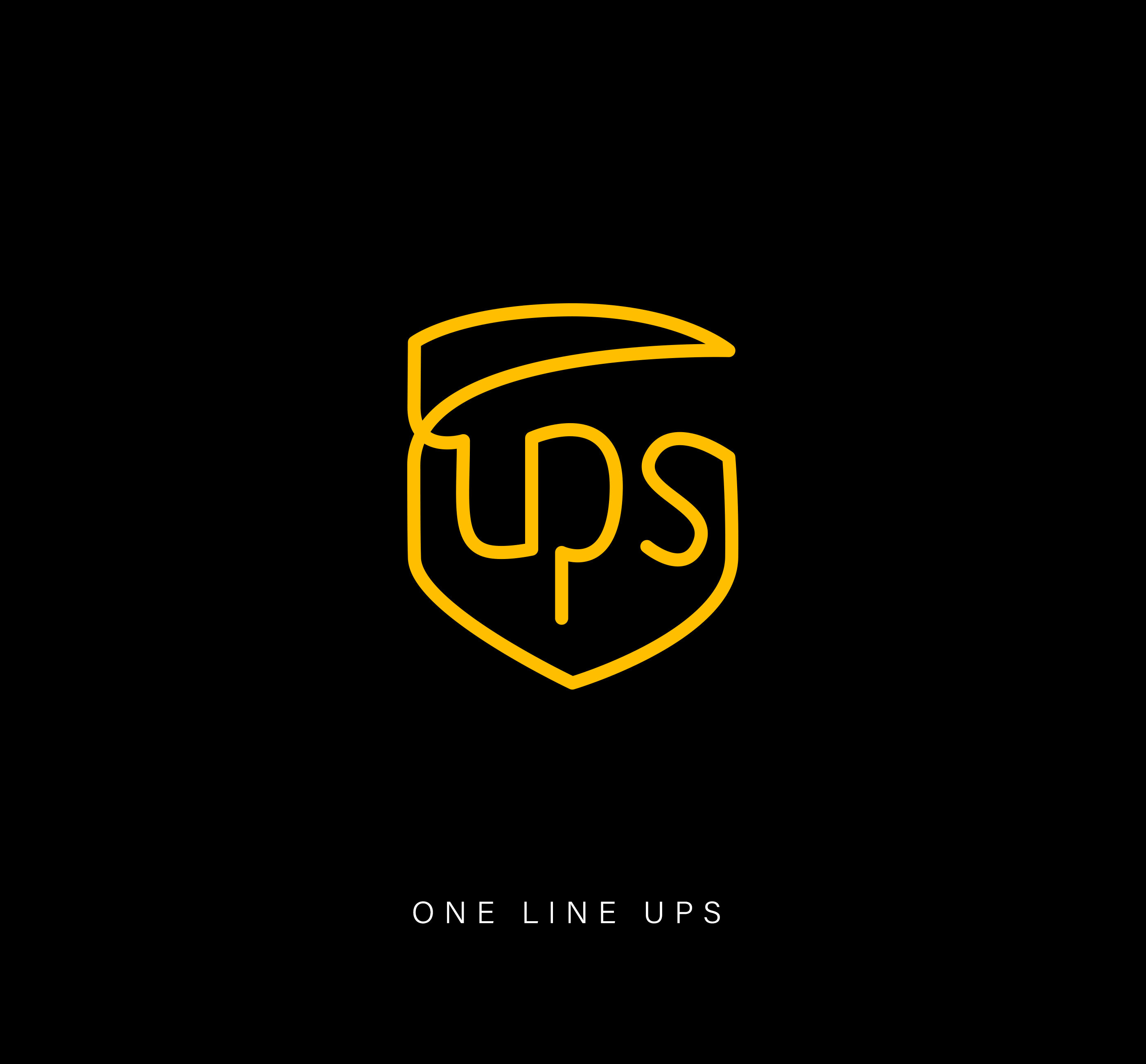 One-line drawing of a famous logo for UPS in yellow on a black background.