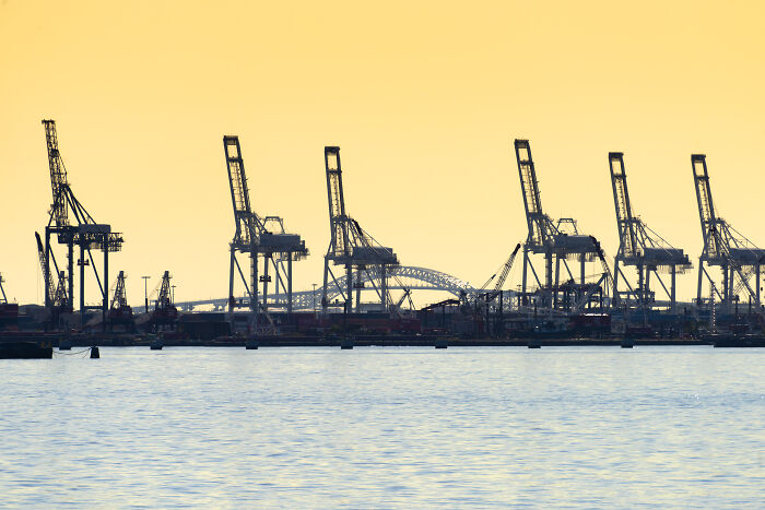 Cranes at an industrial port during sunset with a bridge in the background.