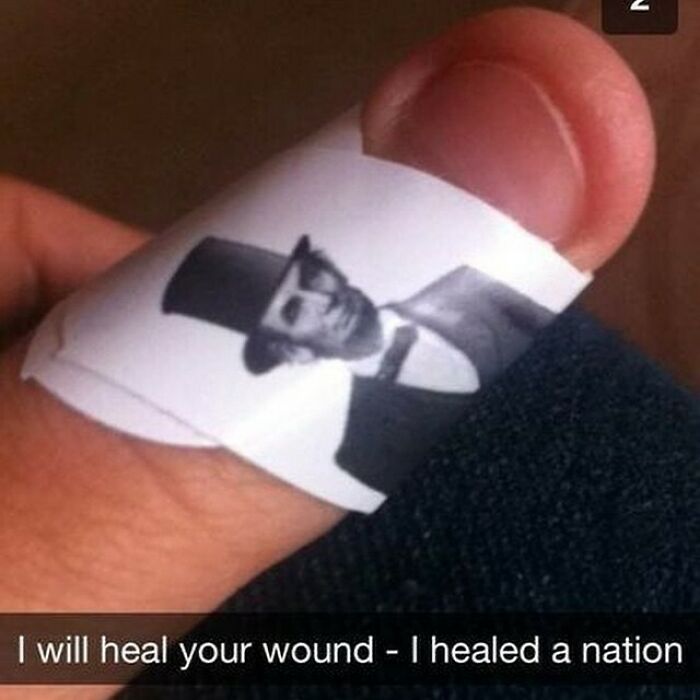 Band-Aid with a historical figure's image and funny quote, combining humor and history in a meme.