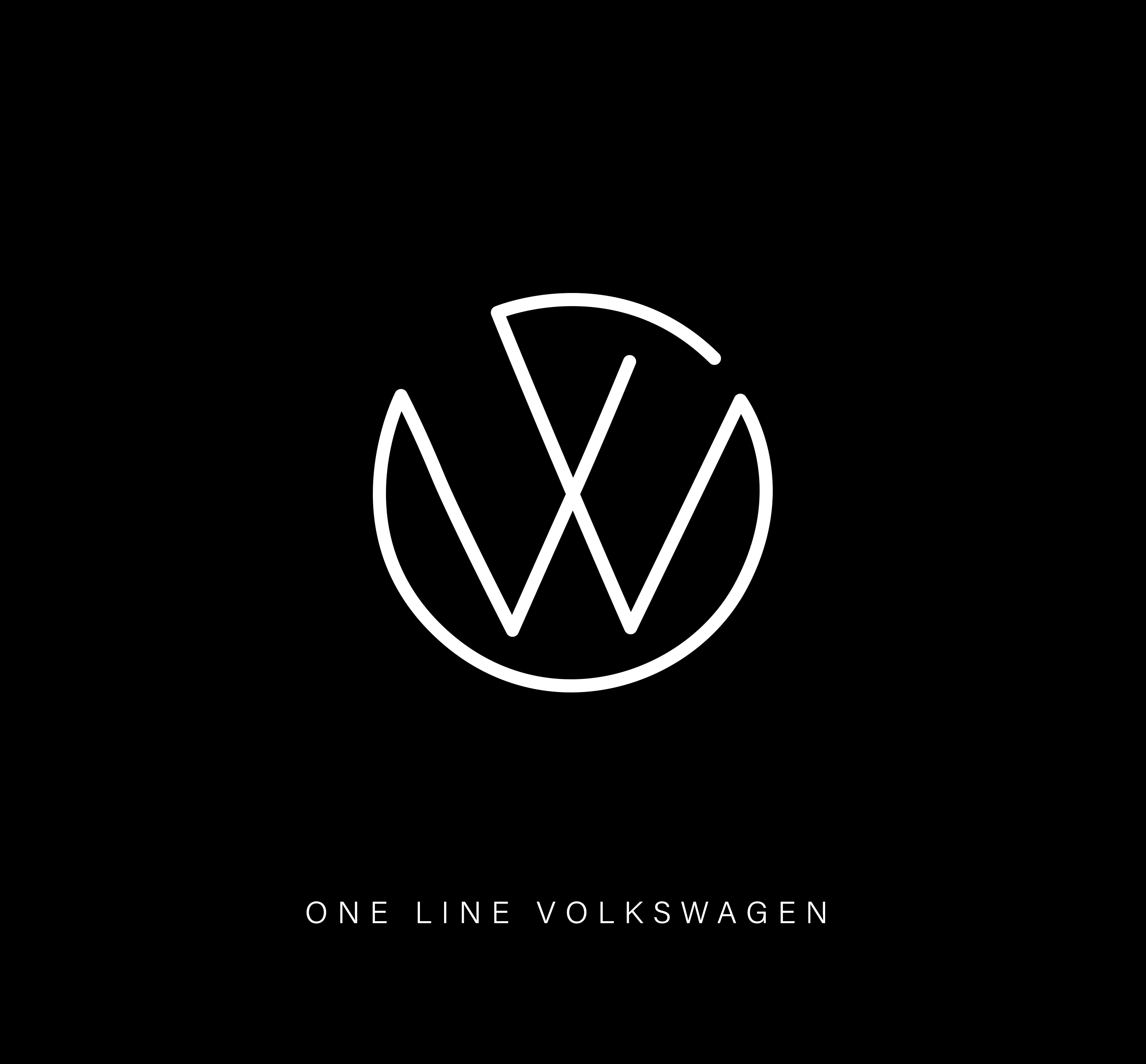 One-line drawing of the Volkswagen logo on a black background.