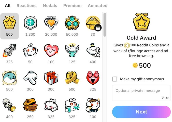 Reddit awards display, featuring various icons including the Gold Award, highlighting excess like fabric softener.