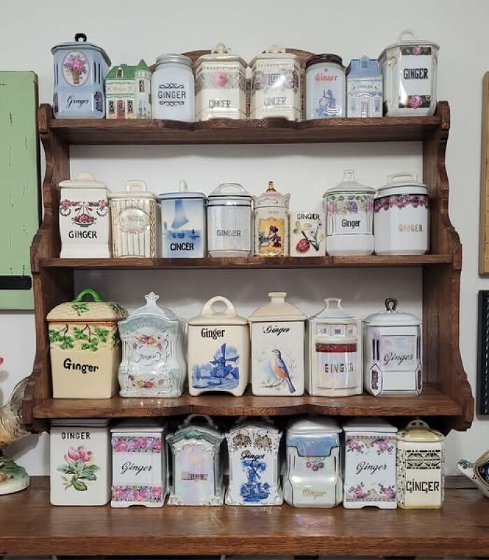 Collection of vintage ginger jars on wooden shelves, showcasing a variety of designs in a unique second-hand discovery.